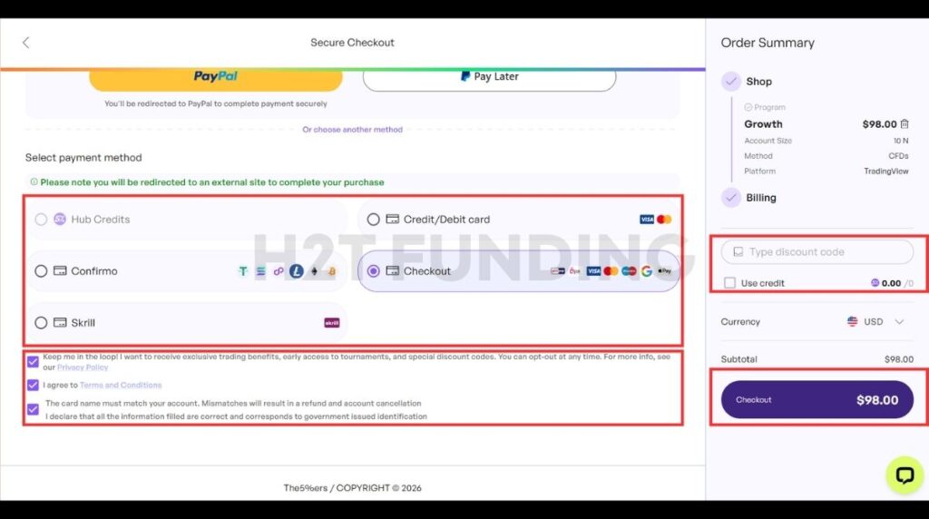 The5%ers payment methods crypto credit card