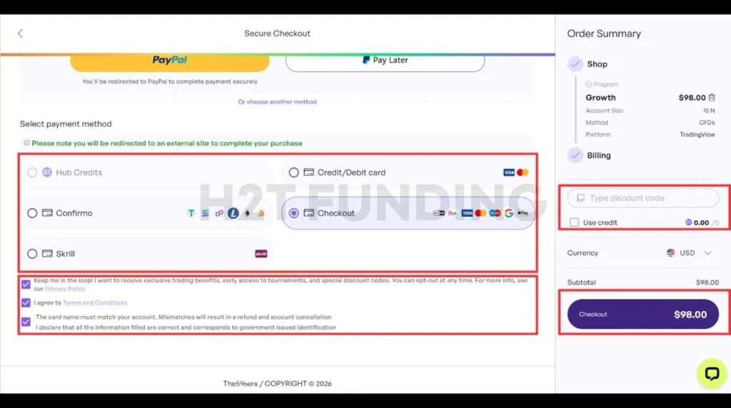 The5%ers payment methods crypto credit card