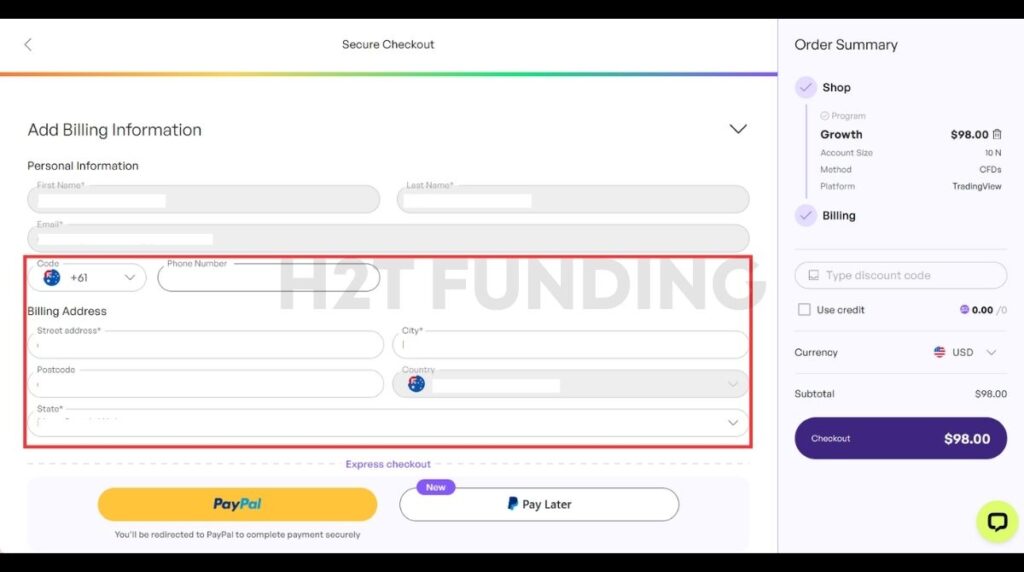 The5%ers secure checkout billing information form