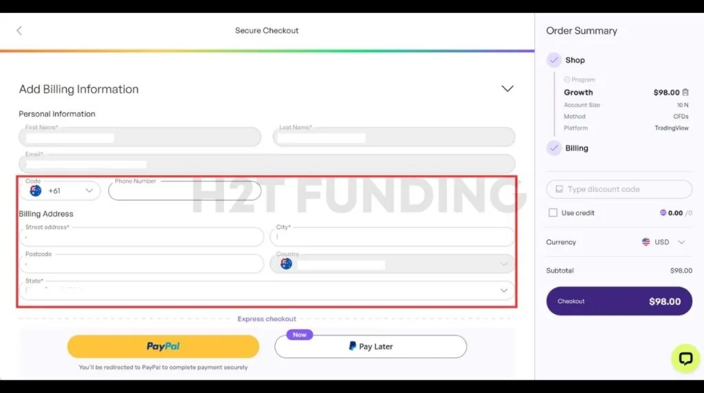 The5%ers secure checkout billing information form