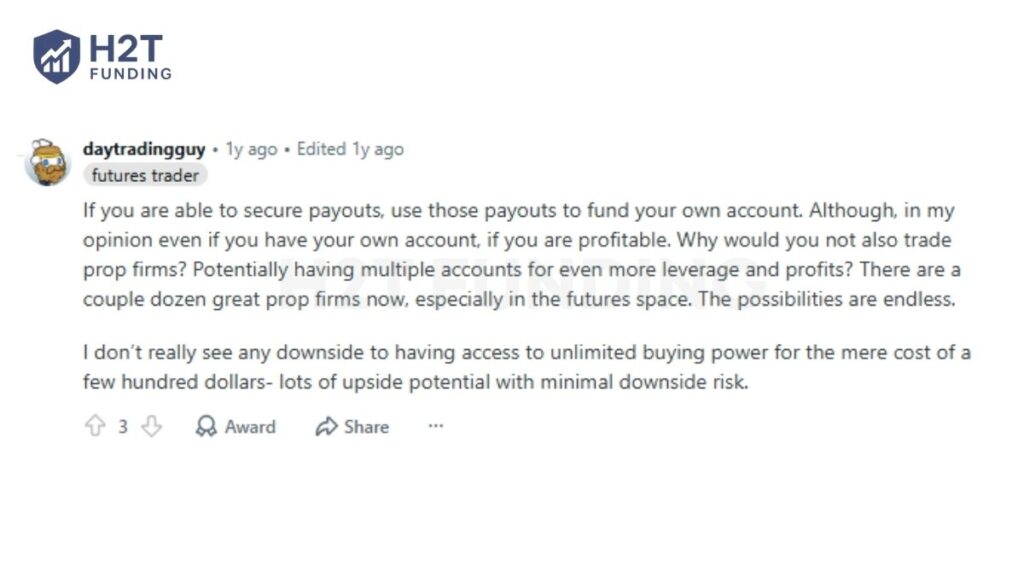 This trader suggests using prop firm payouts to fund and gradually grow a personal trading account