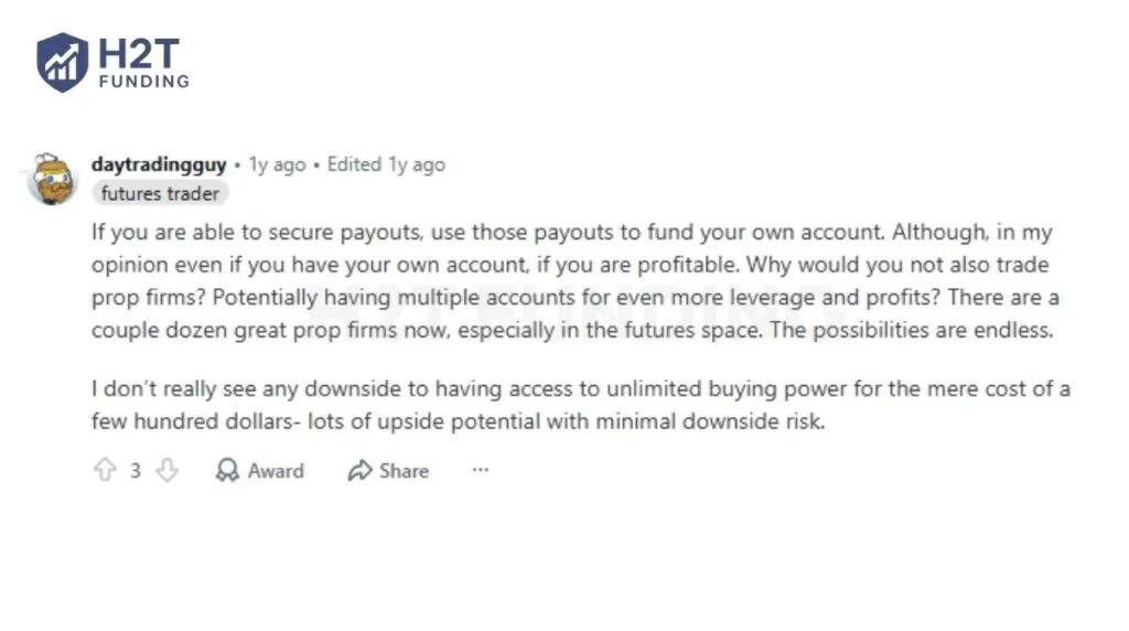 This trader suggests using prop firm payouts to fund and gradually grow a personal trading account