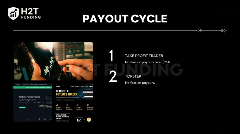 Topstep offers fee-free payouts, while Take Profit Trader removes fees for withdrawals over $250