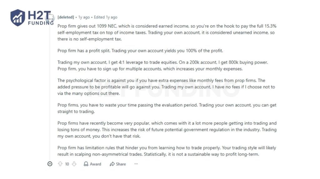 Trader discussion on how prop firm payouts may be taxed differently from profits in a personal trading account