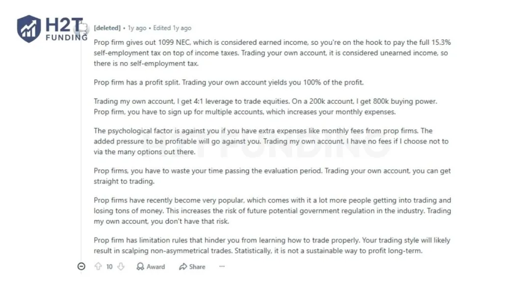 Trader discussion on how prop firm payouts may be taxed differently from profits in a personal trading account