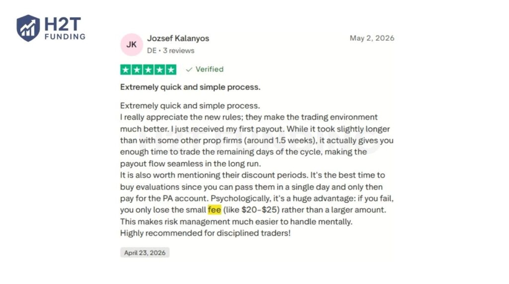 Trader feedback on Trustpilot regarding the cost-effectiveness of paying the PA activation fee