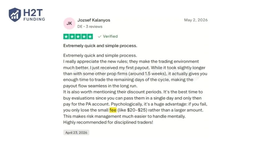 Trader feedback on Trustpilot regarding the cost-effectiveness of paying the PA activation fee