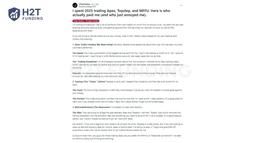 Trader review Apex vs MFF on Reddit