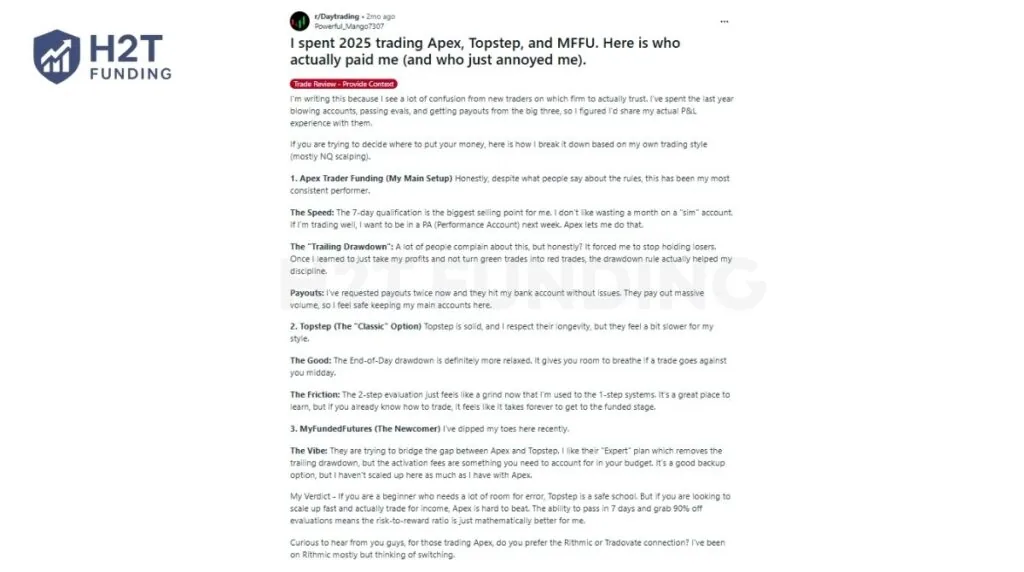 Trader review Apex vs MFF on Reddit