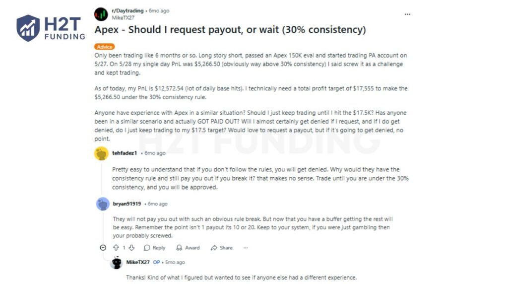 Trader should request payout or keep trading under Apex 30% consistency