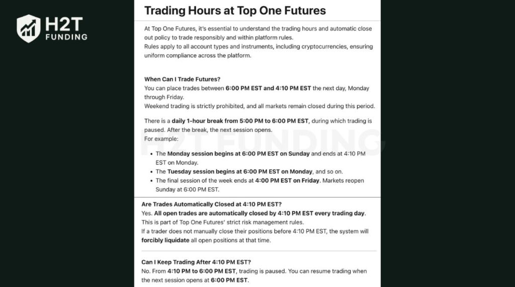 Trading Hours at Top One Futures