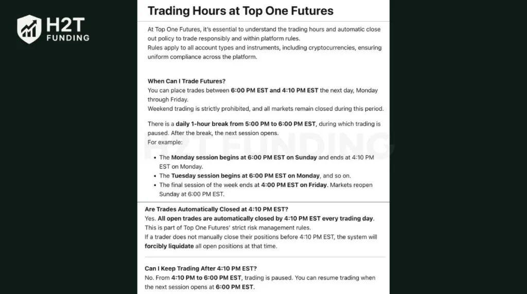 Trading Hours at Top One Futures