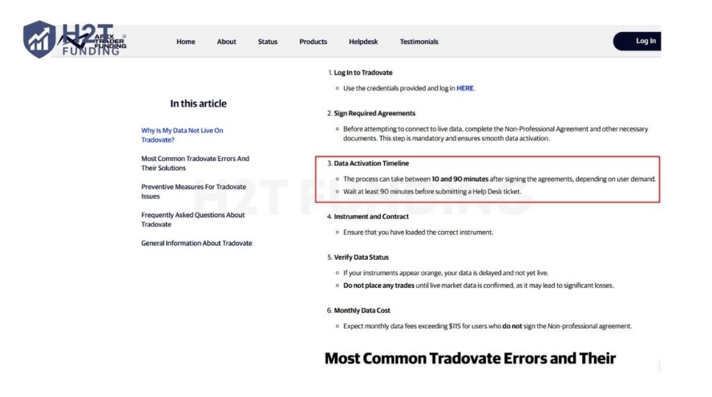 Tradovate data activation notice explaining the 10–90 minute waiting period