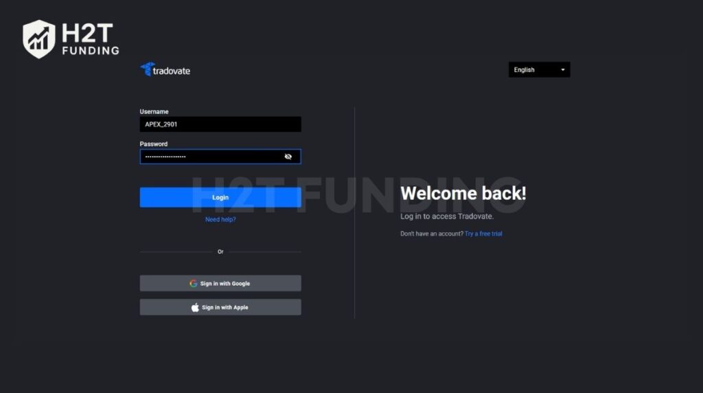 Tradovate login screen showing the correct Apex Trader Funding username format with an underscore