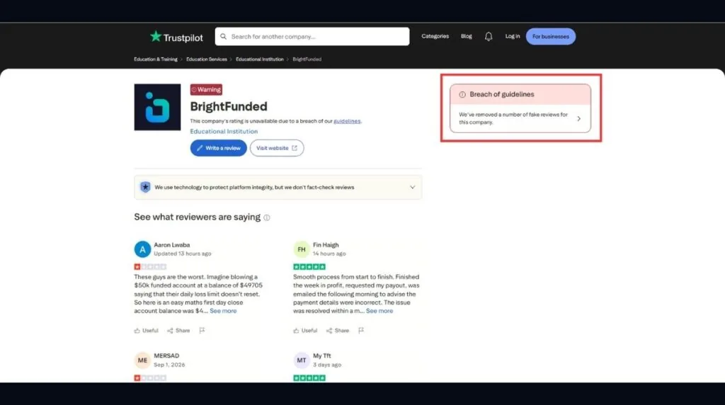 Trustpilot warning notice