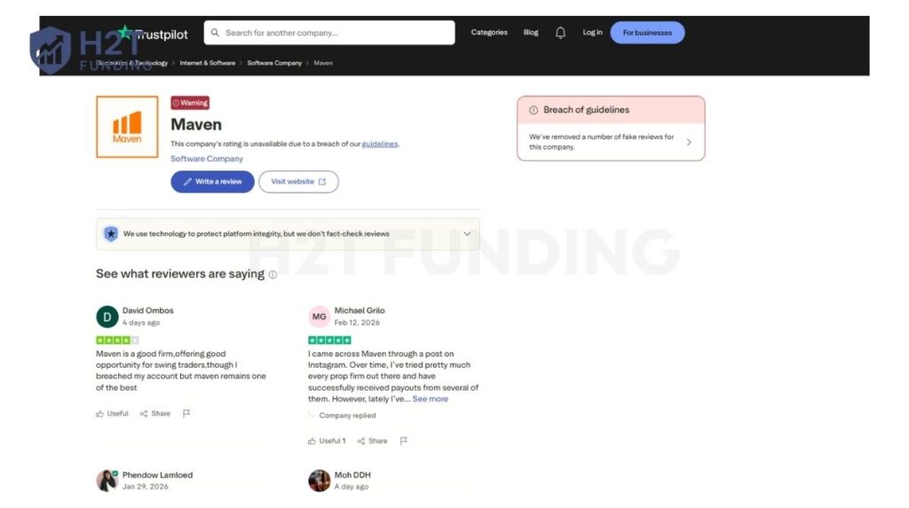 Trustpilot's official warning banner on Maven's profile, citing a breach of guidelines due to fake reviews