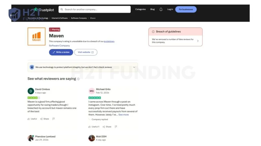 Trustpilot's official warning banner on Maven's profile, citing a breach of guidelines due to fake reviews