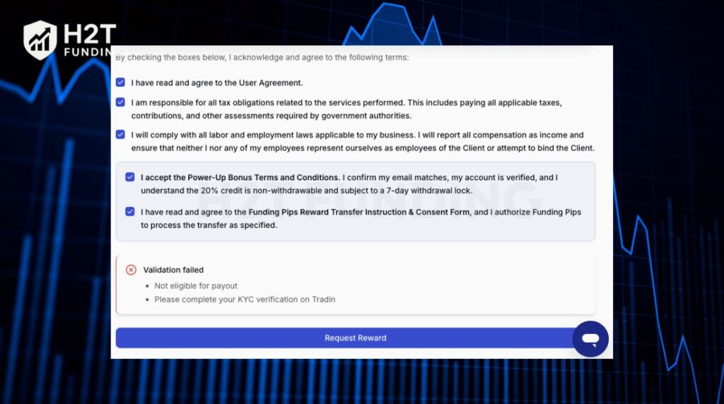 Validation failures often occur if KYC is incomplete or if the account hasn't met all eligibility requirements