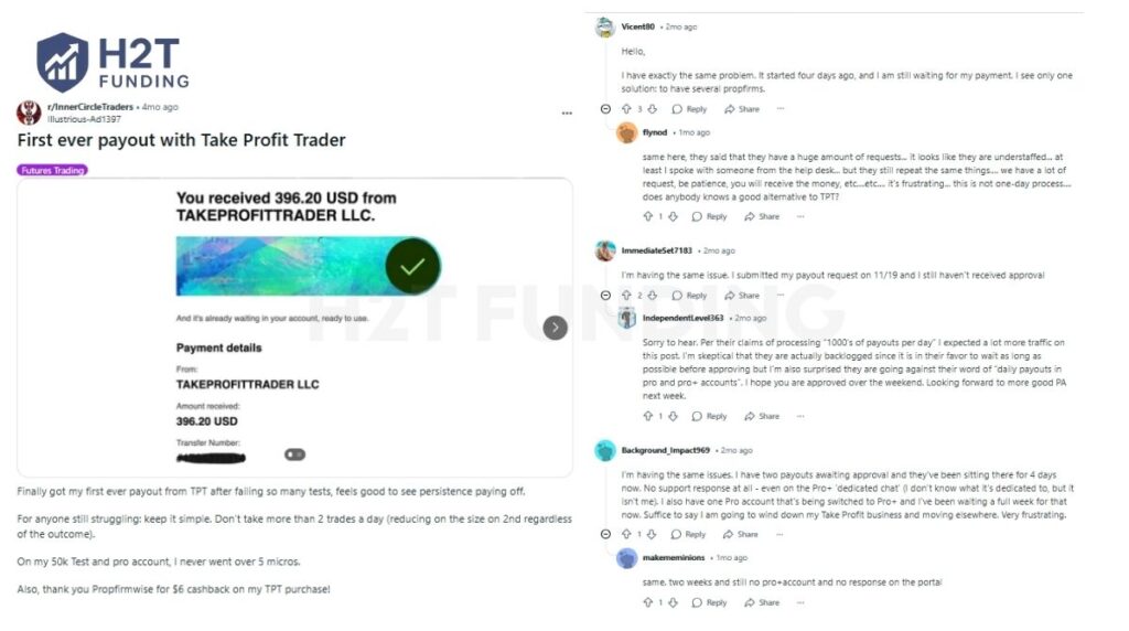 Verified first payout screenshot from a Take Profit Trader account