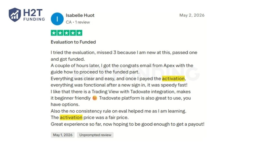 Verified user feedback highlighting the "speedy fast" activation process after paying the Apex PA fee