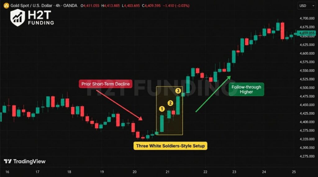 XAU/USD 4-hour chart showing a Three White Soldiers-style bullish reversal after a short-term decline