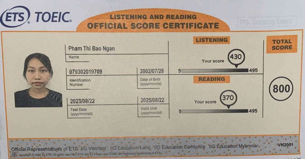 TOEIC certificate of financial expert Pham Thi Bao Ngan