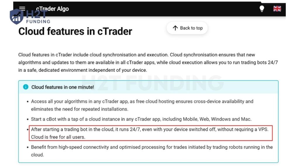 cTrader cloud cBots can run 24/7 even when the user’s device is offline, without requiring a VPS
